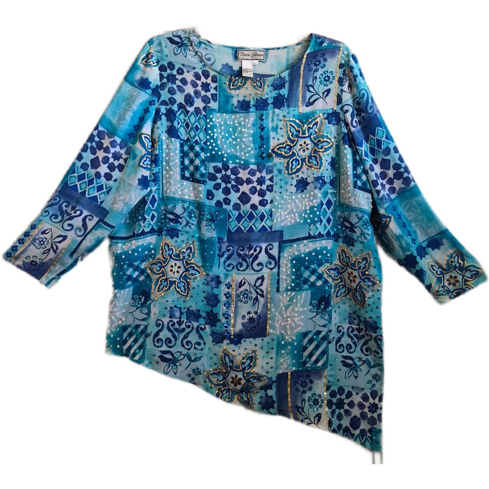 Diane Gilman Women's Blouse Size 2X Blue Silk Sequins Boho Bling Asymmetric